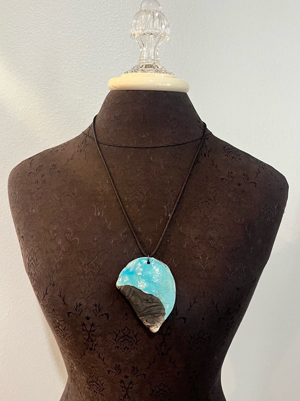 Raku Pottery Pendant Signed NIC Turquoise And Black Artisan